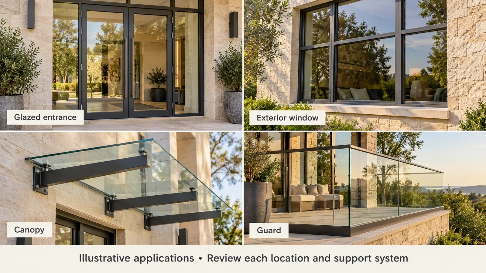 Building glazing examples showing a glazed entrance, window, canopy and glass guard