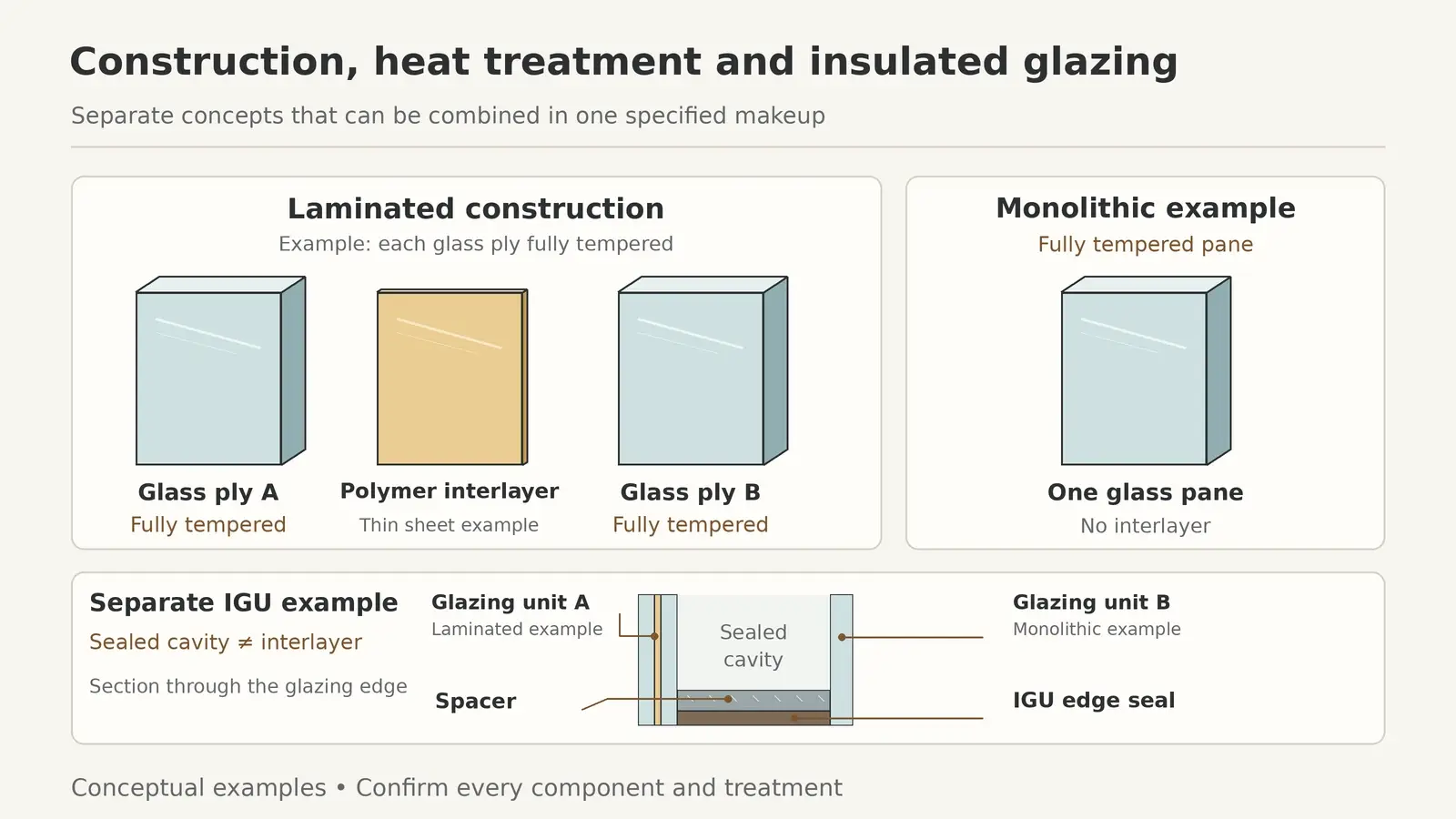 Illustrative sections showing laminated plies and interlayer, a monolithic pane and an insulated glass cavity
