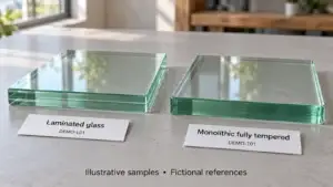 Laminated glass and monolithic tempered glass samples showing their faces and edges