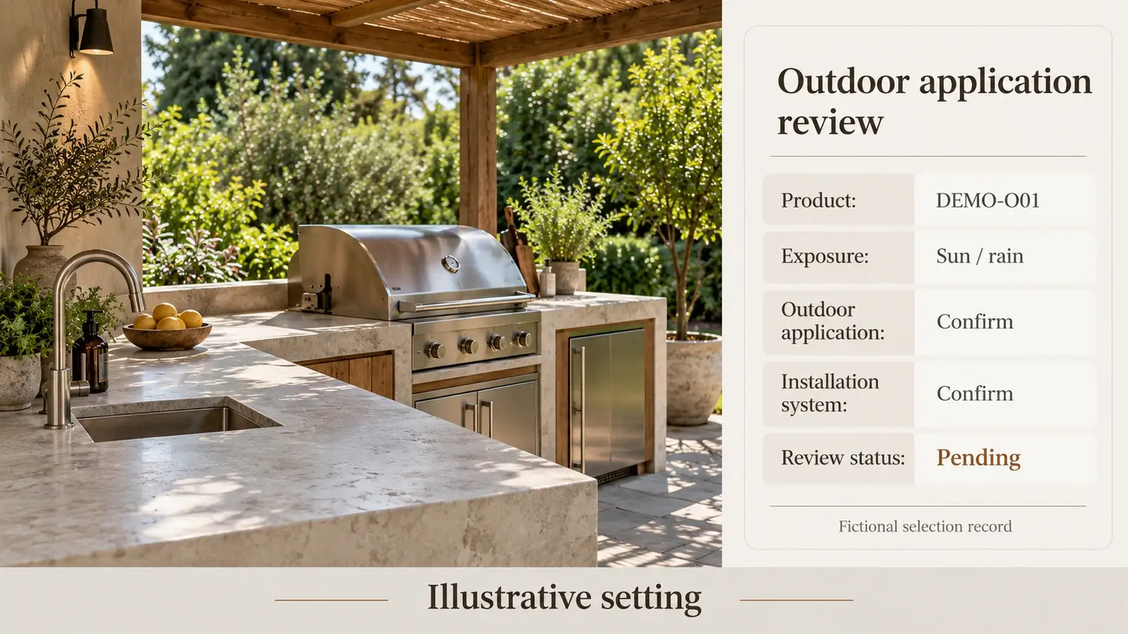 Outdoor kitchen countertop with a product record noting exposure and application checks