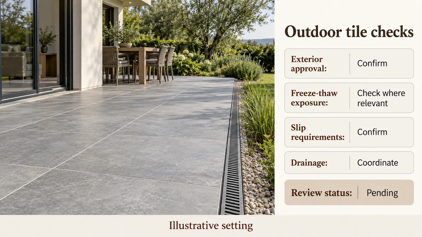 Outdoor tiled terrace beside a checklist for exterior use, frost exposure, slip requirements and drainage