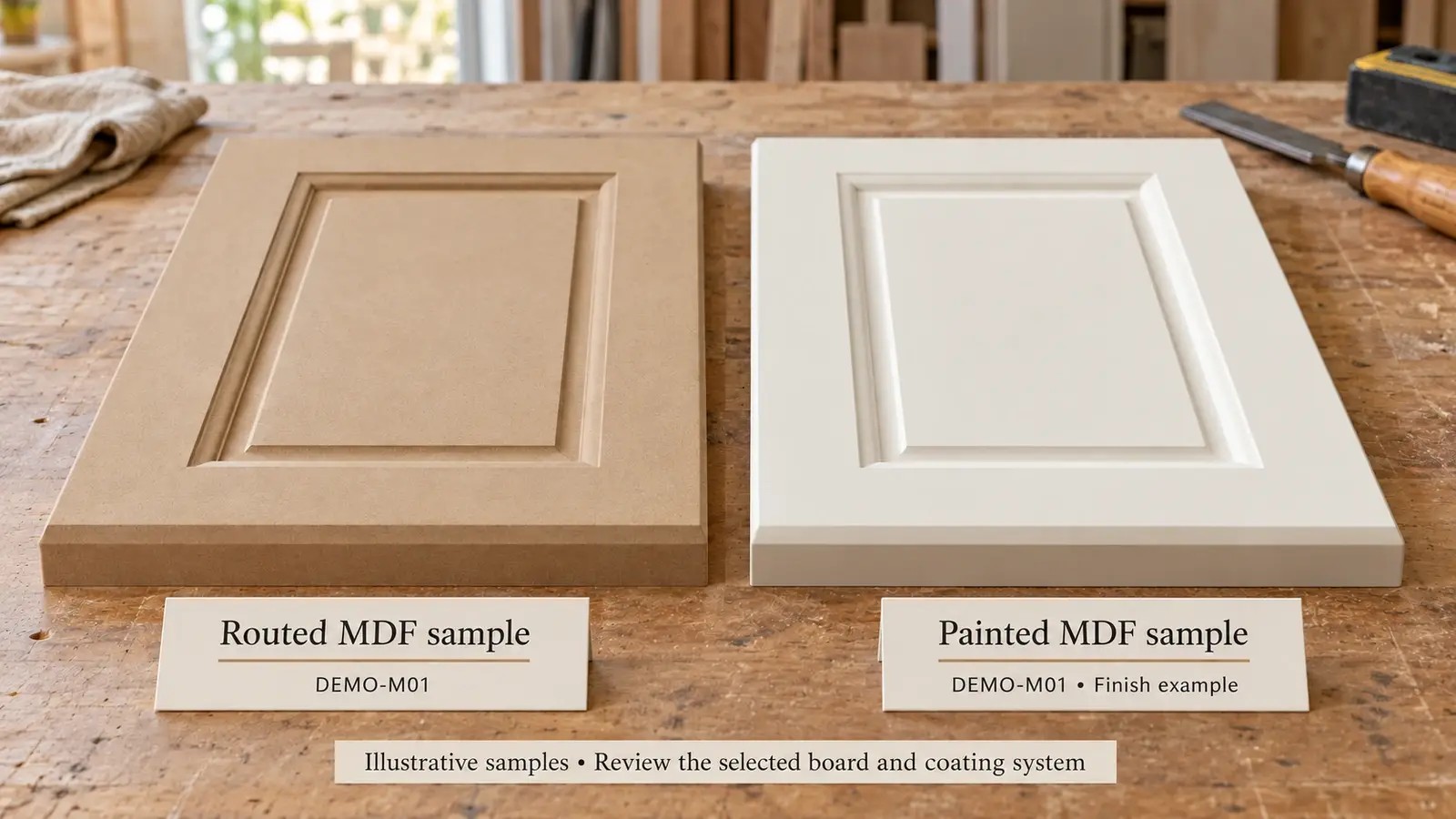 Routed MDF cabinet door sample beside a painted MDF sample showing their faces and profile edges