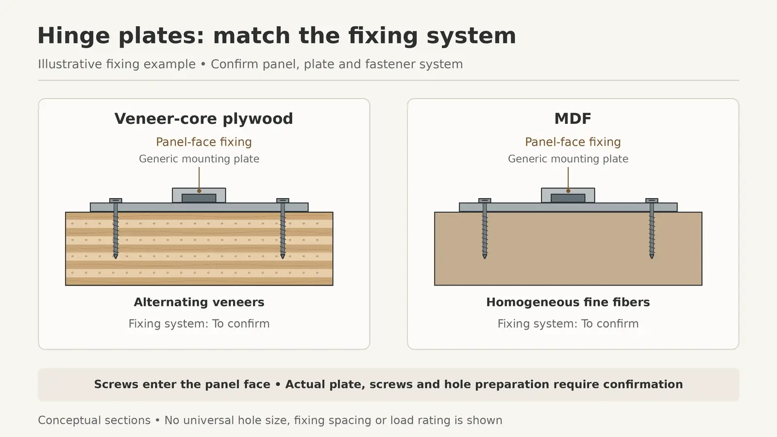 Illustrative hinge mounting plate sections with screws entering veneer-core plywood and MDF panel faces