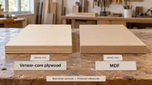 Veneer-core plywood and MDF cabinet panel samples showing their faces and cut edges