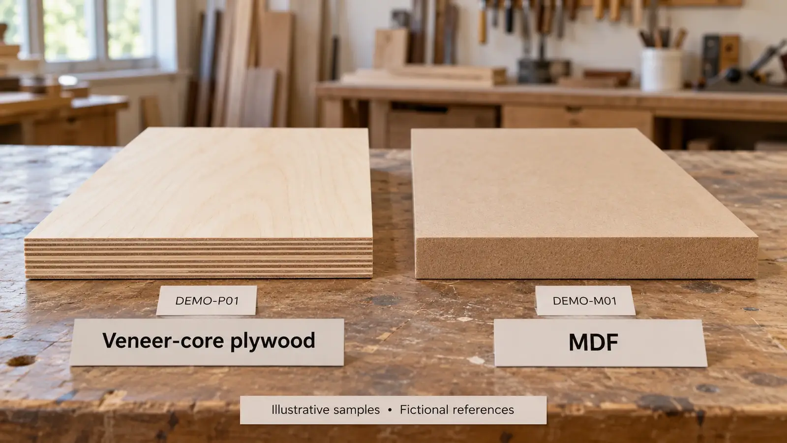 Veneer-core plywood and MDF cabinet panel samples showing their faces and cut edges