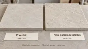 Porcelain and non-porcelain ceramic tile samples showing their faces and exposed edges