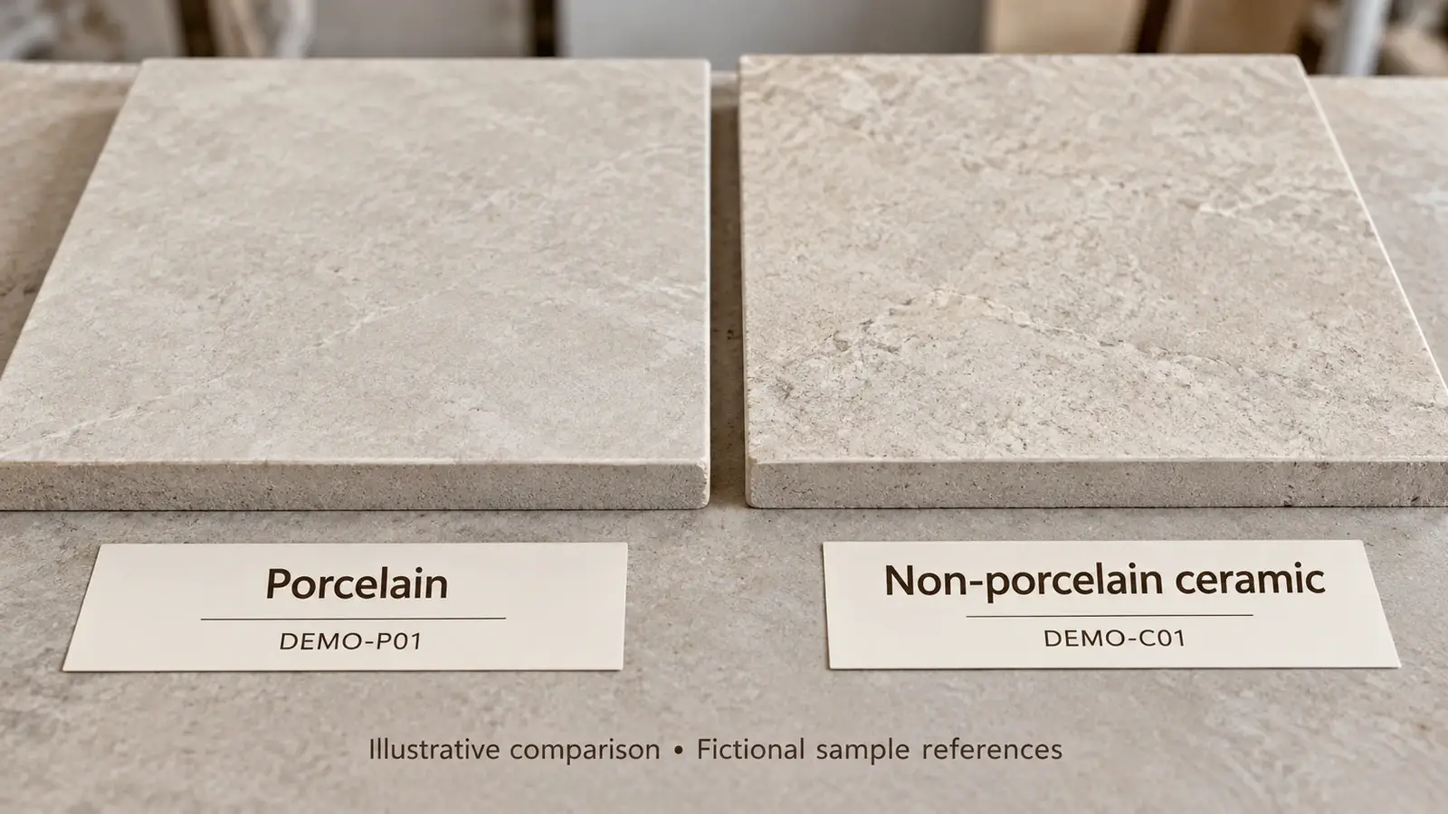 Porcelain and non-porcelain ceramic tile samples showing their faces and exposed edges