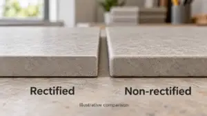Illustration of rectified and non-rectified tile samples showing straight and formed edges