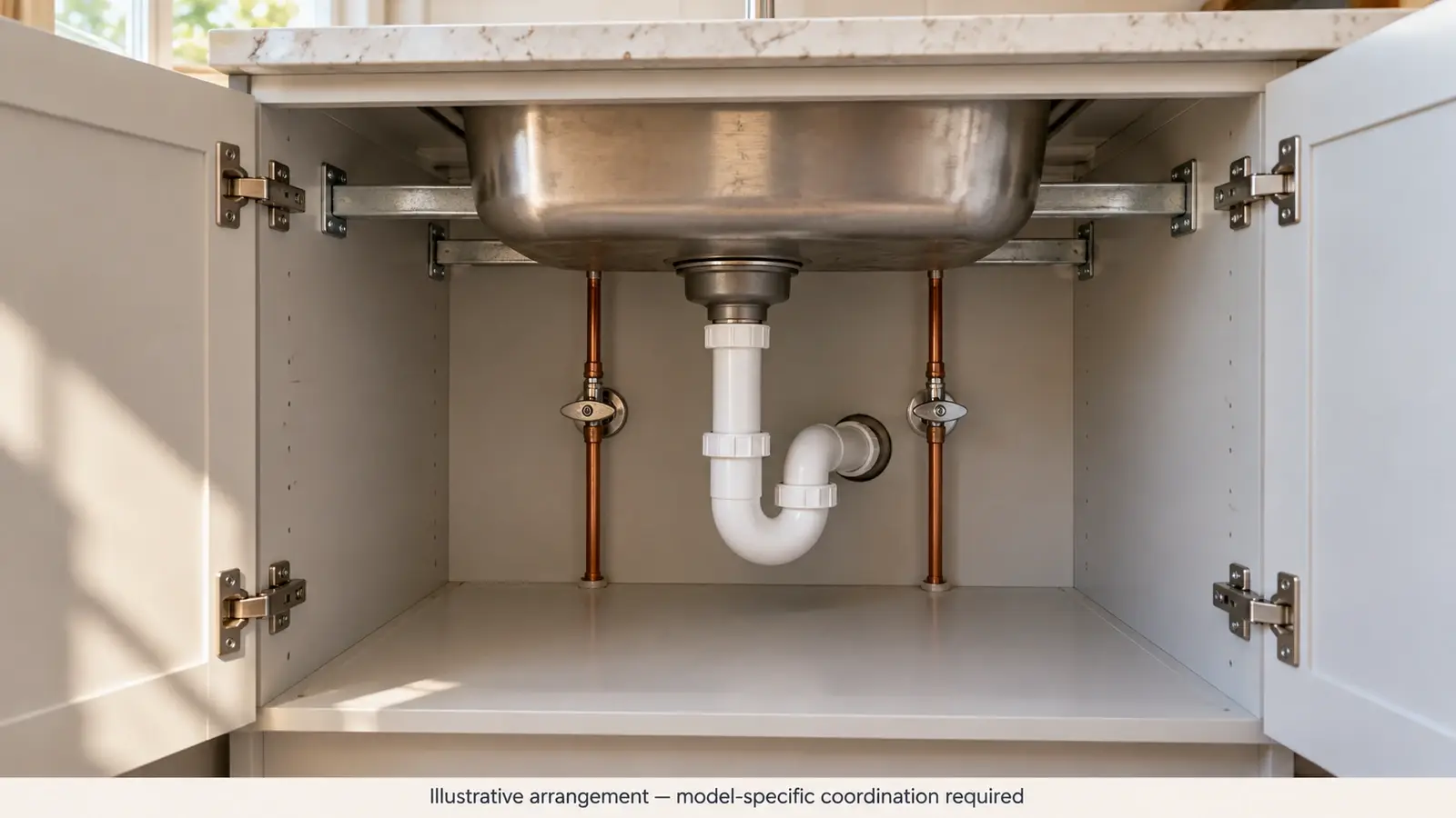 Sink-base cabinet showing basin supports, drain pipes and access below the bowl