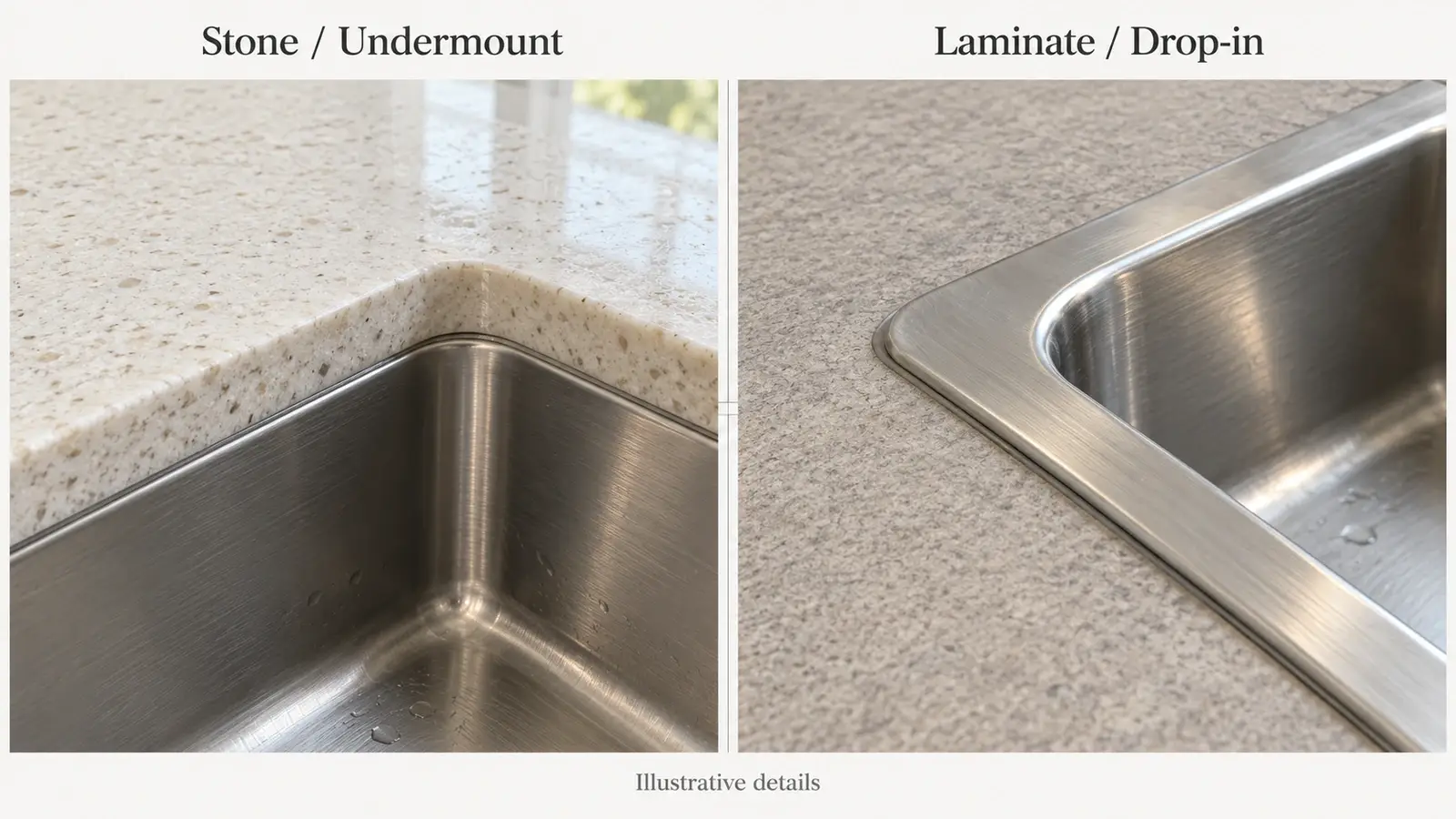 Finished countertop edge above an undermount sink beside a drop-in rim on laminate