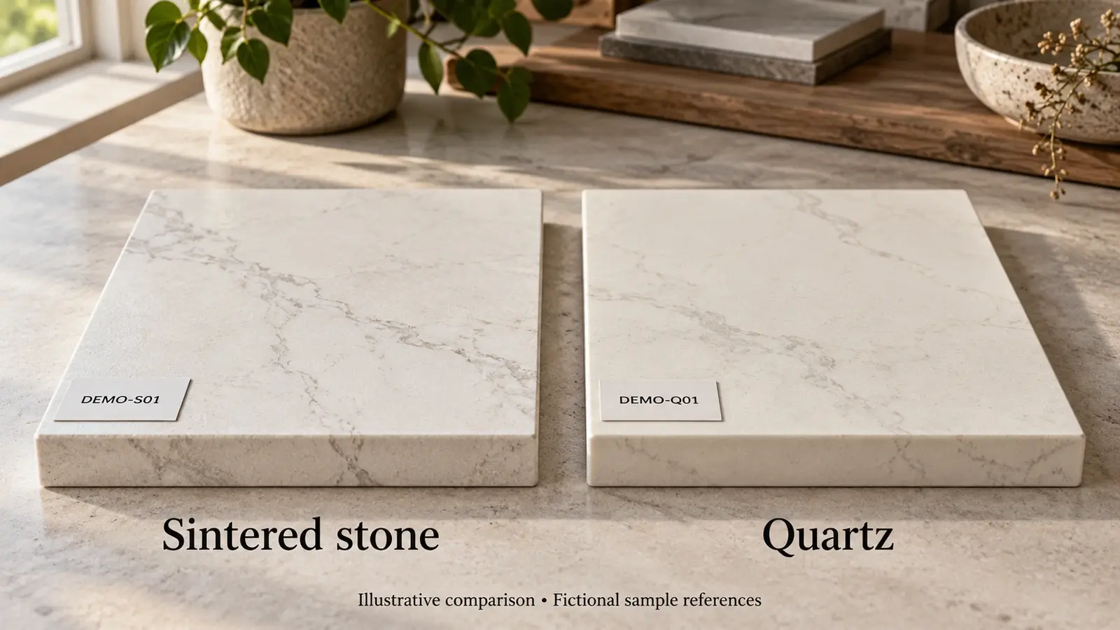 Sintered stone and quartz countertop samples showing their surfaces and finished edges