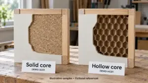 Solid core and hollow core interior door samples showing dense filling and honeycomb support