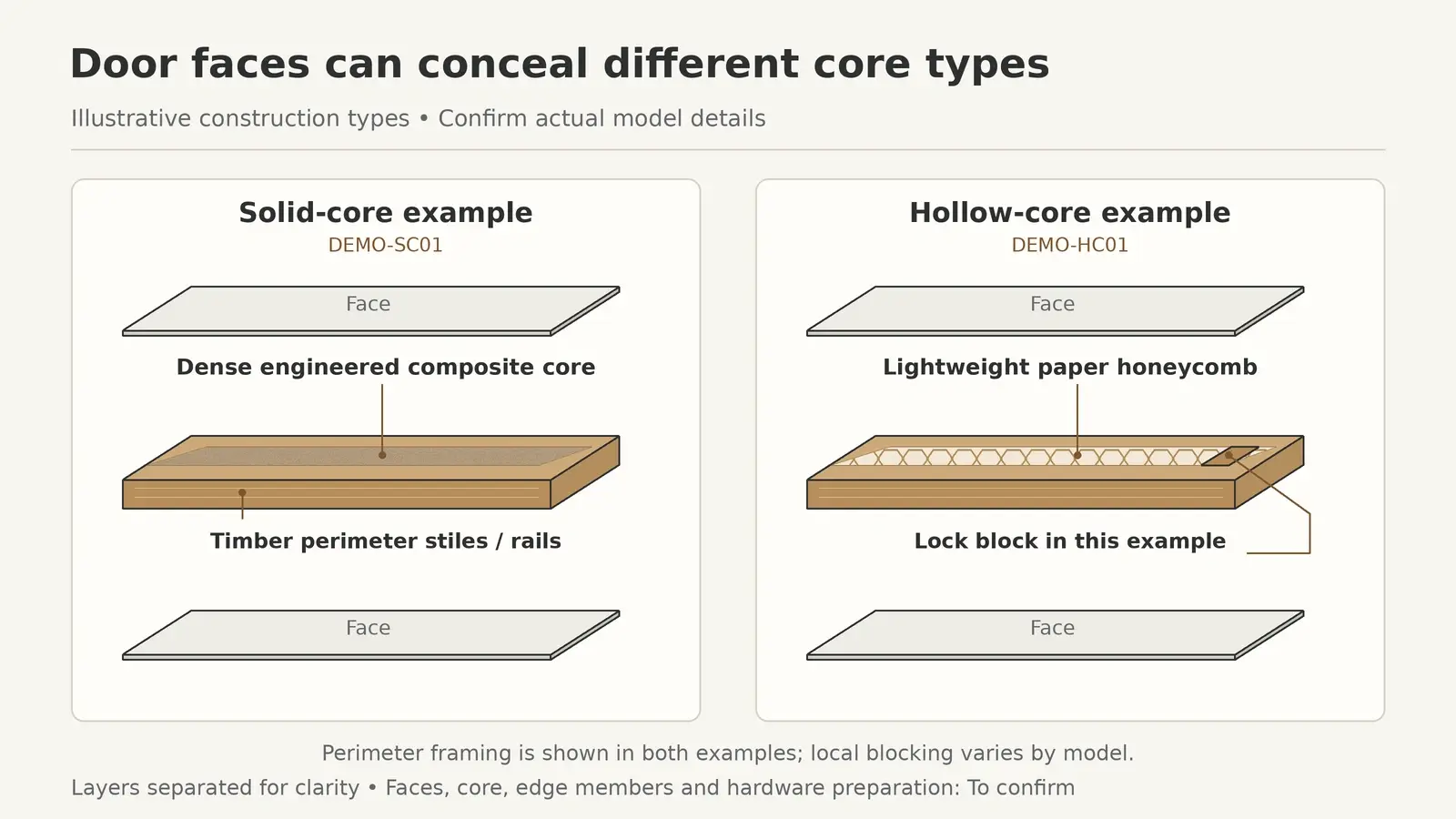 Illustrative door sections identifying outer faces, dense or honeycomb cores, perimeter framing and lock blocking
