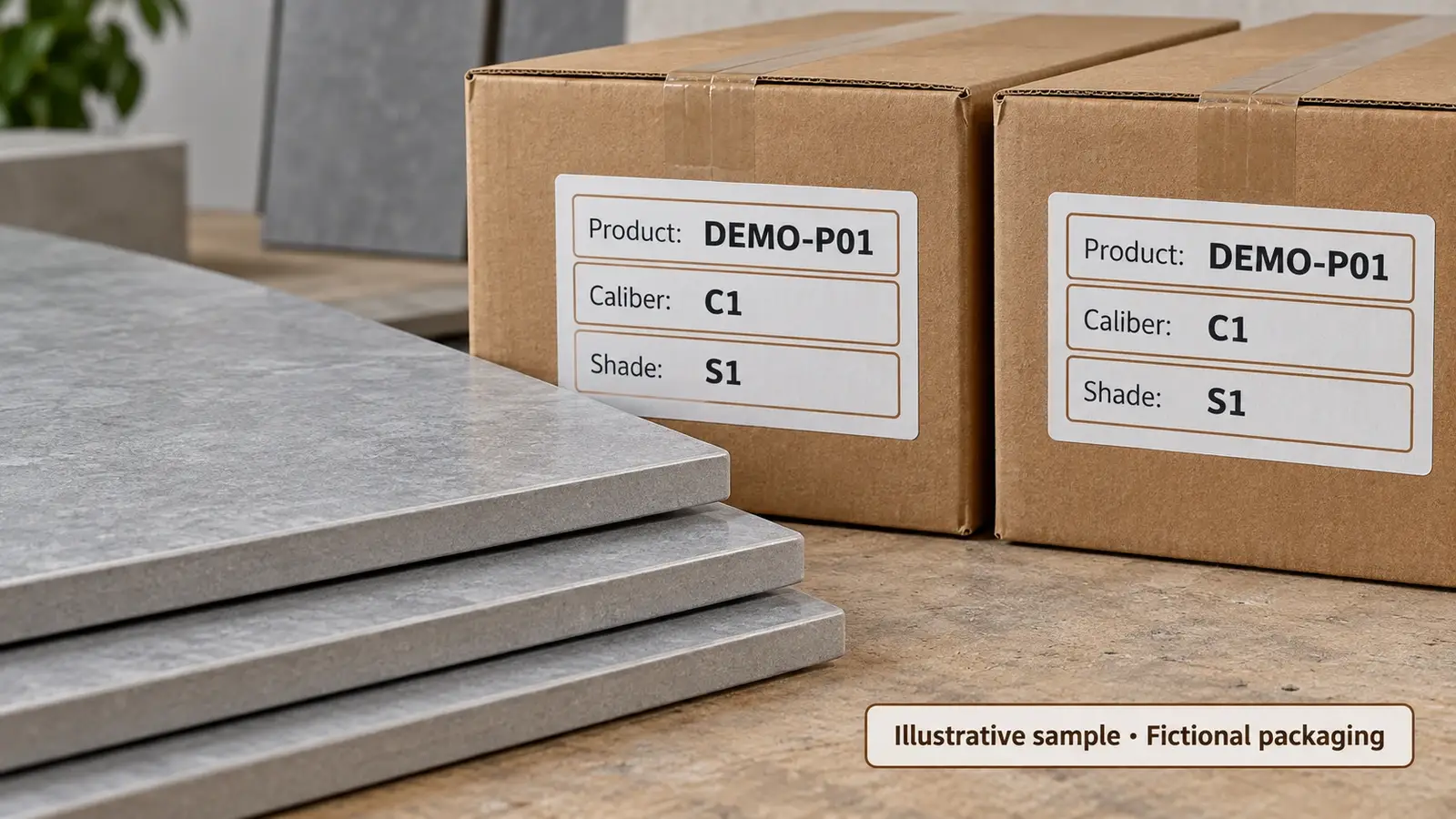 Illustration of tile samples beside carton labels showing product caliber and shade references