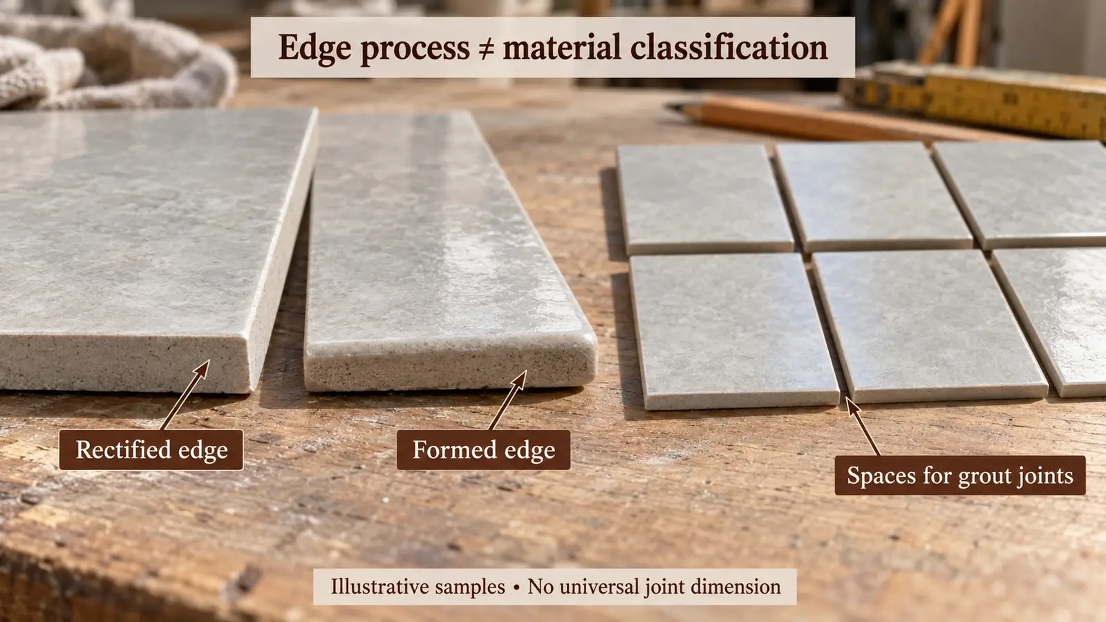 Rectified and formed tile edges beside a sample layout with spaces for grout joints