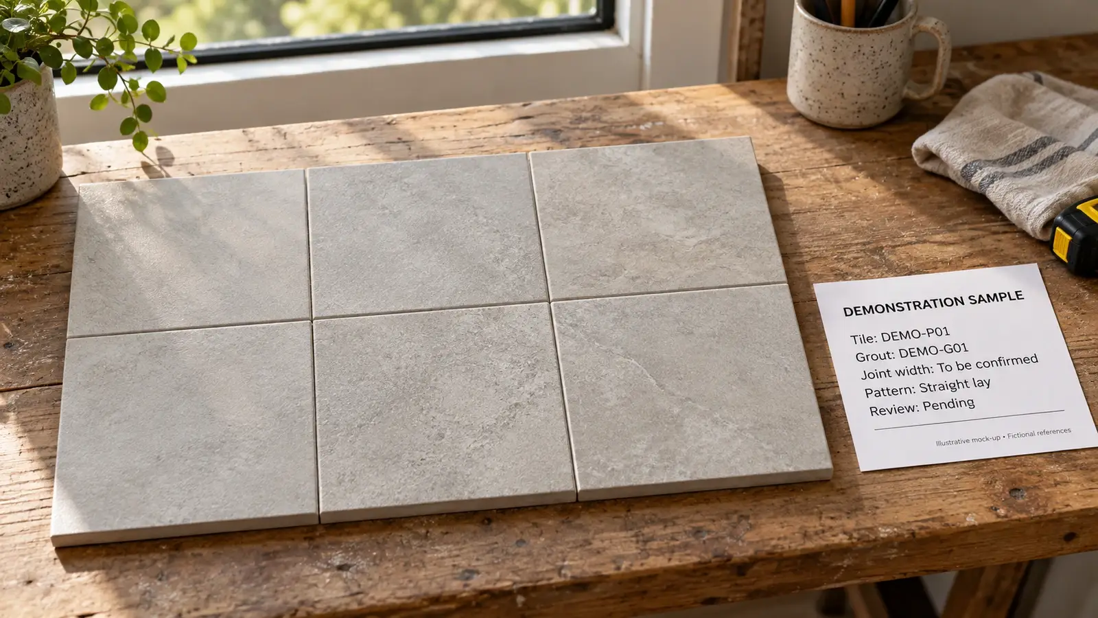 Illustrative tile sample board with product grout pattern and review reference labels