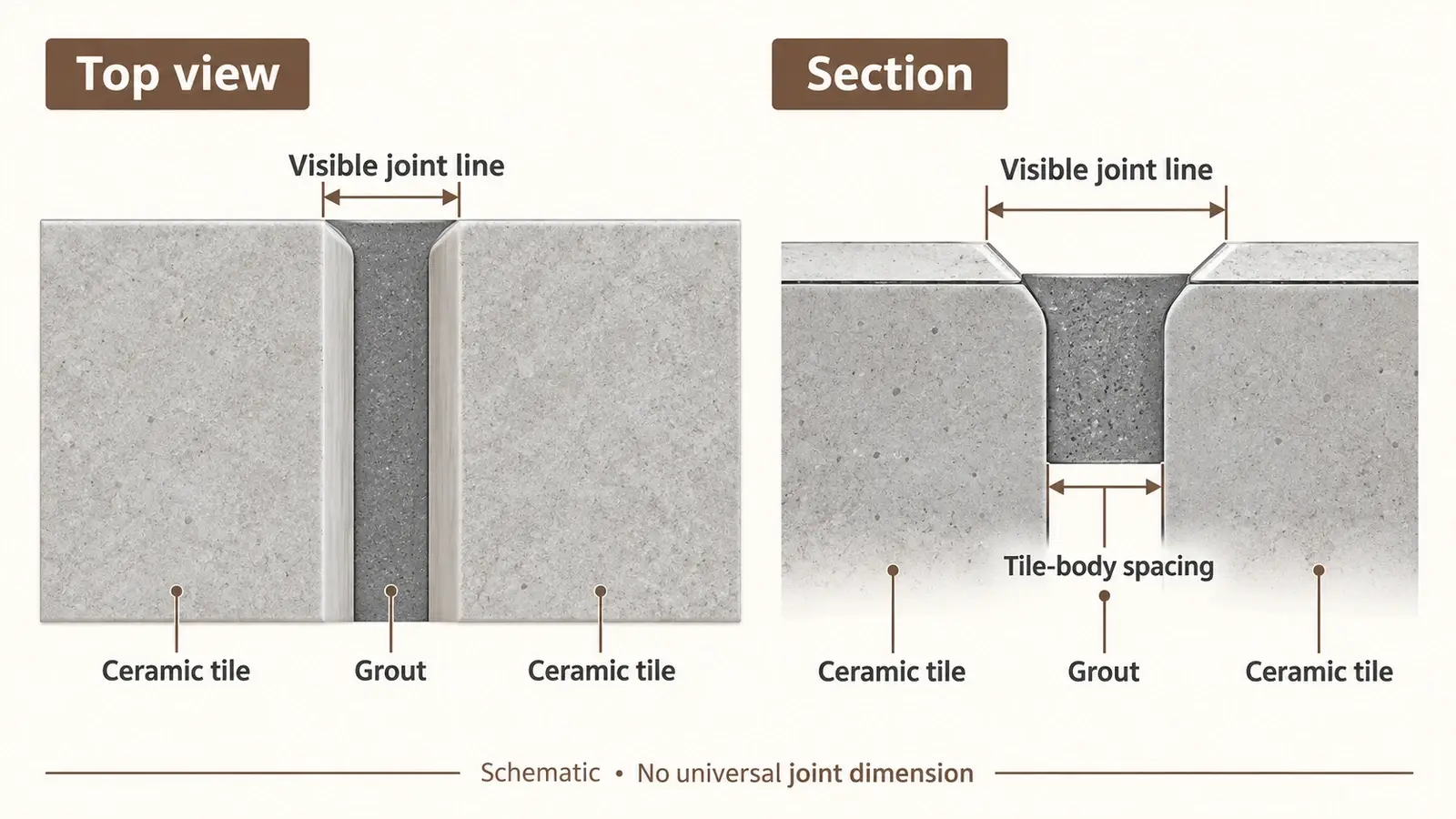 Section diagram showing tile edge spacing and the visible joint at beveled shoulders