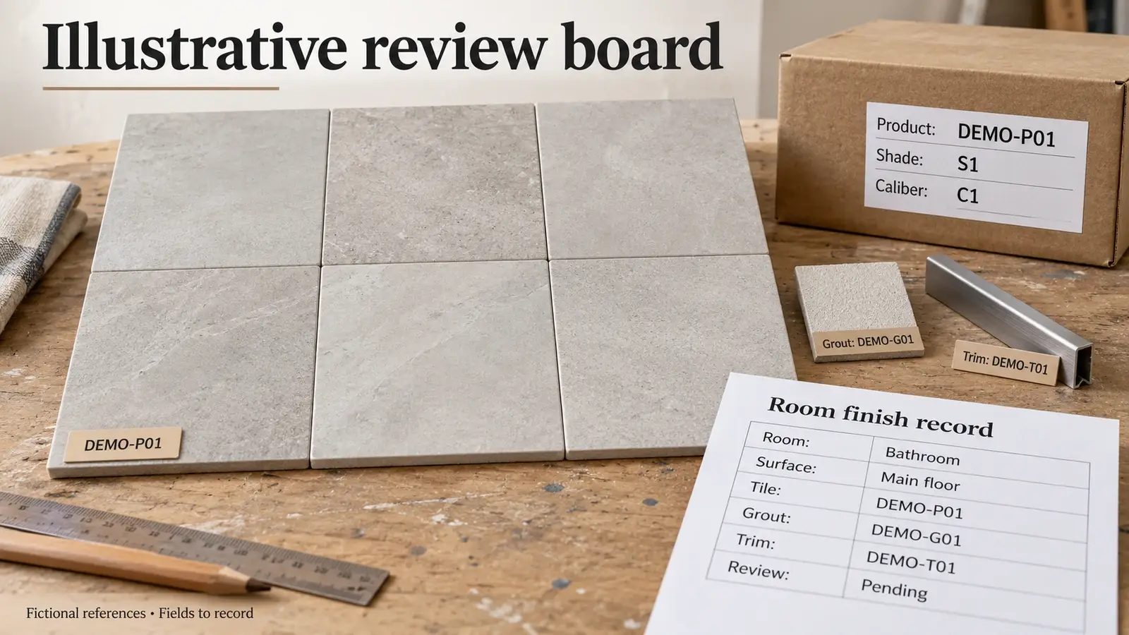 Tile sample board with grout and trim references, carton labels and a room finish record