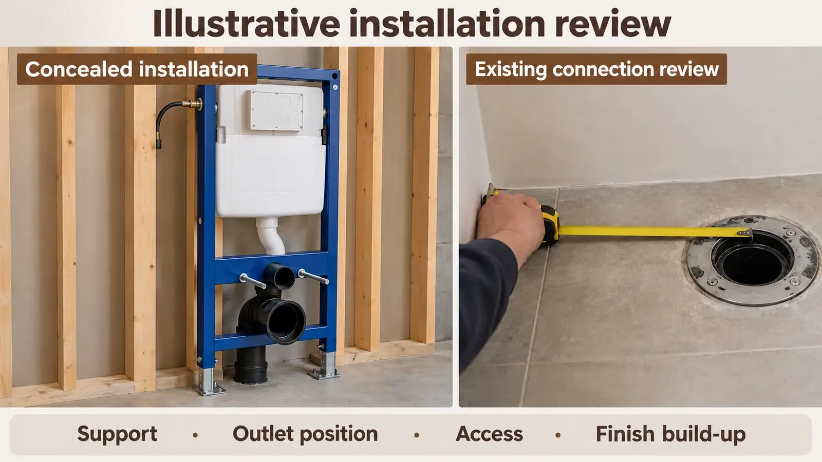 Toilet carrier and cistern before wall lining beside an existing floor outlet prepared for a replacement review