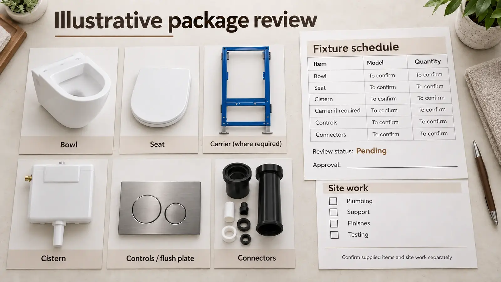 Illustrative toilet package board with bowl seat cistern carrier flush plate and an unsigned specification checklist