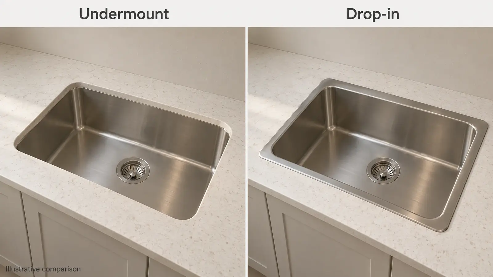 Undermount and drop-in kitchen sinks showing the countertop edge and raised rim