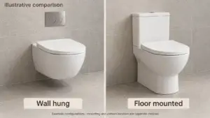 Wall hung toilet with an open floor beneath the bowl beside a floor mounted toilet with an exposed tank