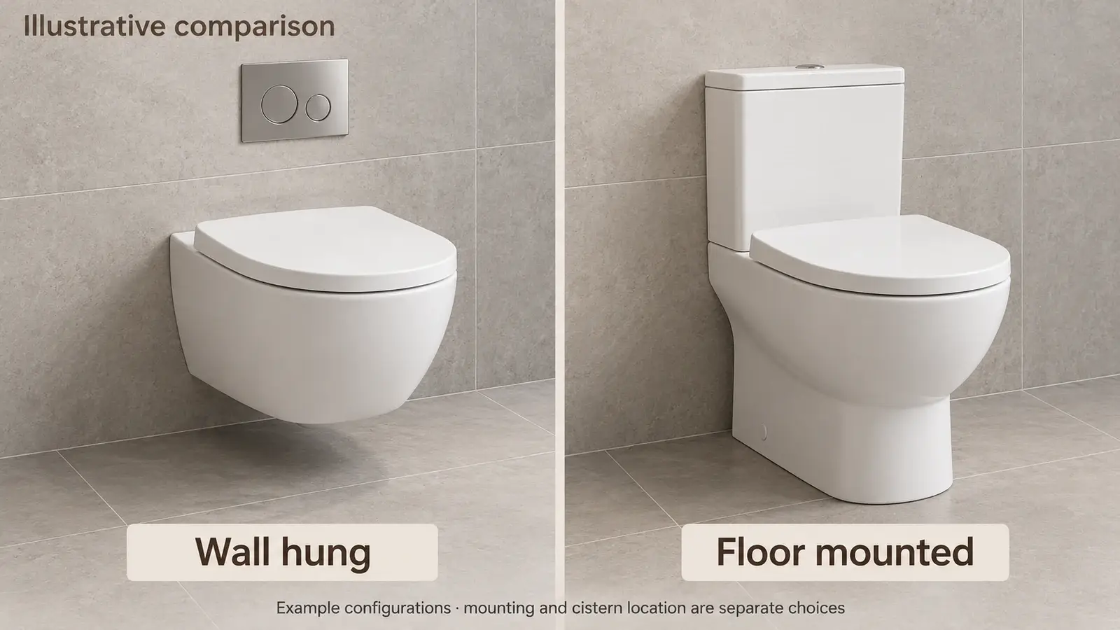 Wall hung toilet with an open floor beneath the bowl beside a floor mounted toilet with an exposed tank